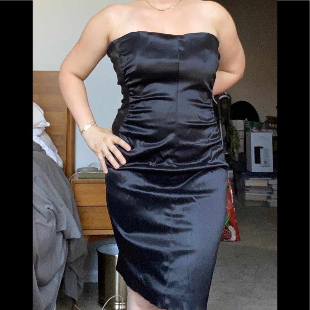 black satin cocktail dress. Xs strapless